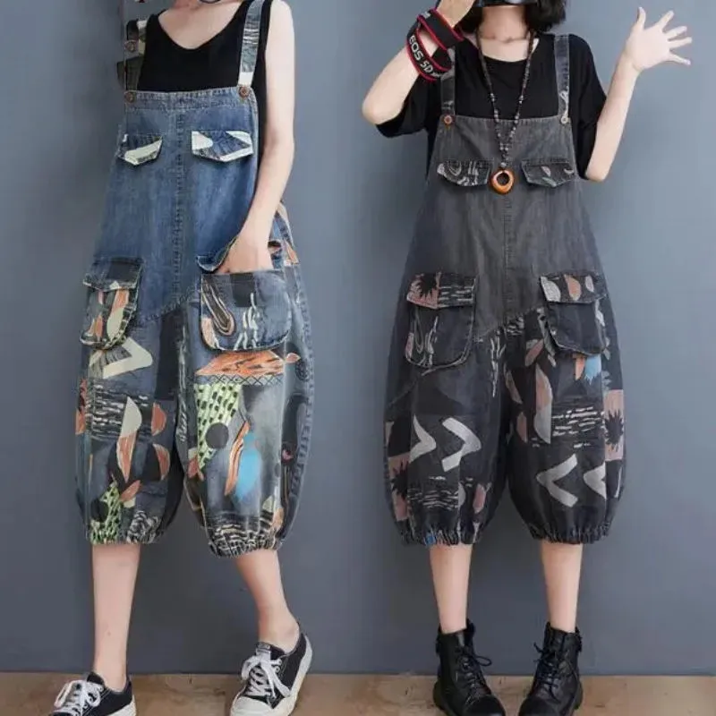 Summer Printed Cowboy Bib Women 2023 New Fashion Loose Jumpsuit Seven-Point High-Waist Jeans Suspenders Overalls Trousers Female