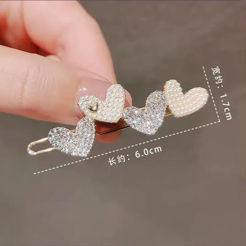 Korean Pearl Sweet Girl Bangs Clip Love Hairpin Shiny Rhinestone Bangs Side Clip Buckle Side Hairpin Women Hair Styling Headwear