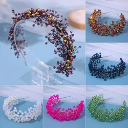 Handmade Wedding Head Jewelry Red Blue Rhinestones Tiaras Pearls Crowns Women Headband Bridal Hair Accessories