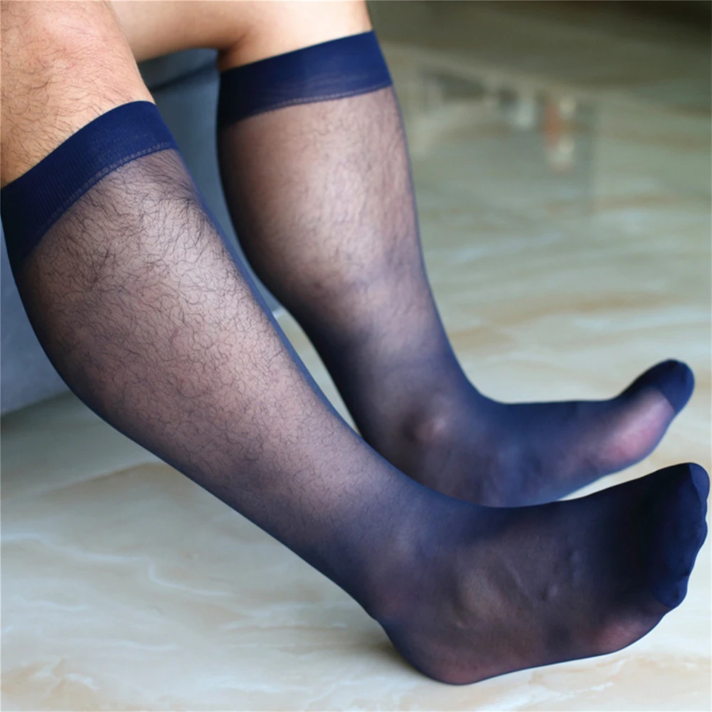 1 Pair Men\'s Silky Socks Summer Wide Striped Toe Sheer Formal Dress Socks Silk High Thin Breathable Business Stockings For Man