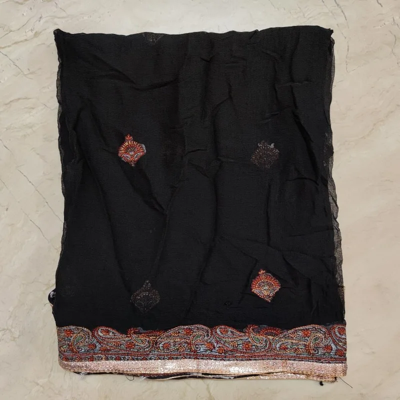 Black Georgette Dupatta Long Scarf Hand Stitched Embroidery Georgette Veil