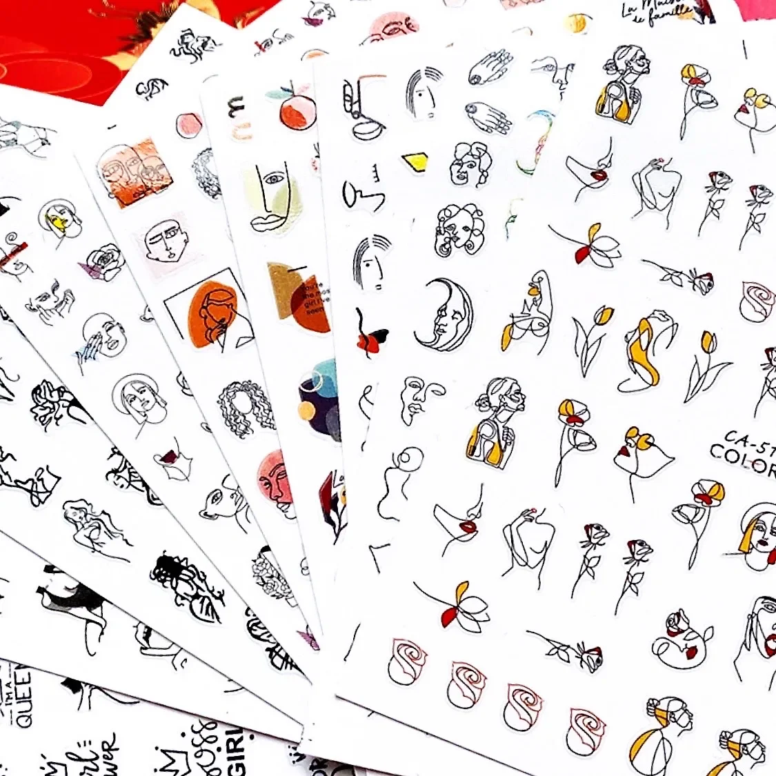 컬러 추상 얼굴 기하학적 선 3D 백 글루 네일 스티커 네일 아트 장식 셀프 접착 네일 장식품 HL101