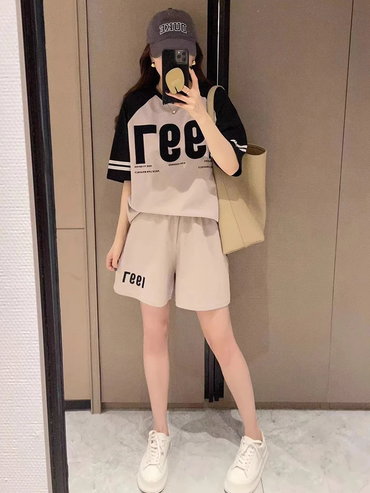 2024 Summer outfit T-Shirt Suit Womens Fashion Casual Loose O-Neck Short-Sleeved Tops+Wide Leg Shorts Two Piece Set For Women