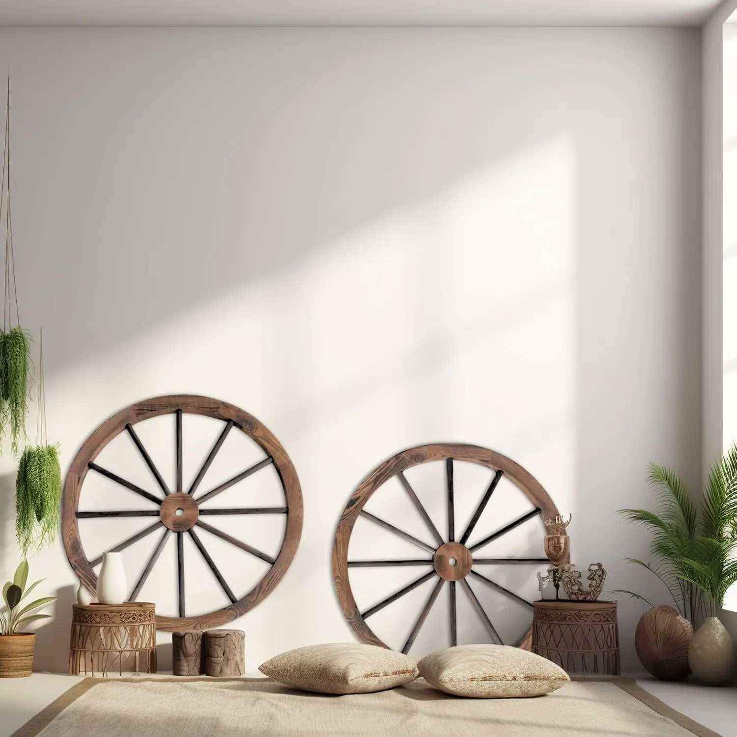

24" Decorative Wooden Wheel Set of 2, Vintage Old Western Style Wall Hanging Wood Wagon Wheel for Bar, Garage, Patio, Carbonized