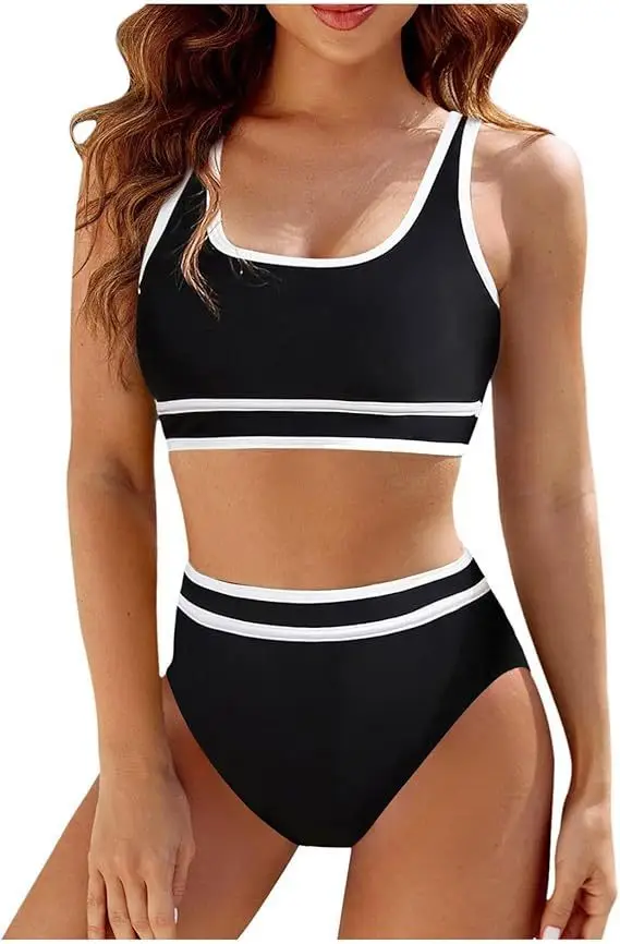 Women's High Waisted Bikini Sets Sporty Two Piece Swimsuits Color Block High Cut Bathing Suits