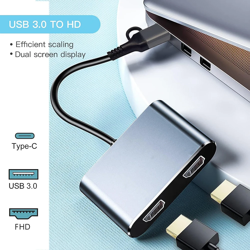 USB 3.0 USB-A Type-C To Dual HD Display Same Screen Converter Adapter Two 1080P Video Output For Windows7/10 PC Android Phone