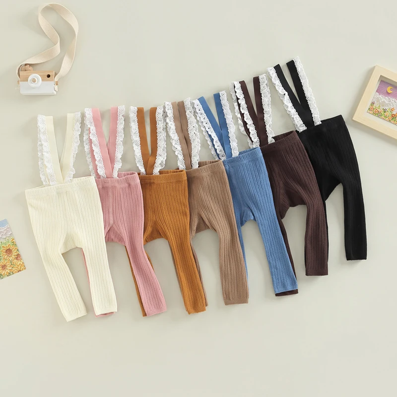 Infant Newborn Baby High Waist Leggings Ribbed Tights Socks Sleeveless Lace Trim Ribbed Knit Overalls Leggings Overalls