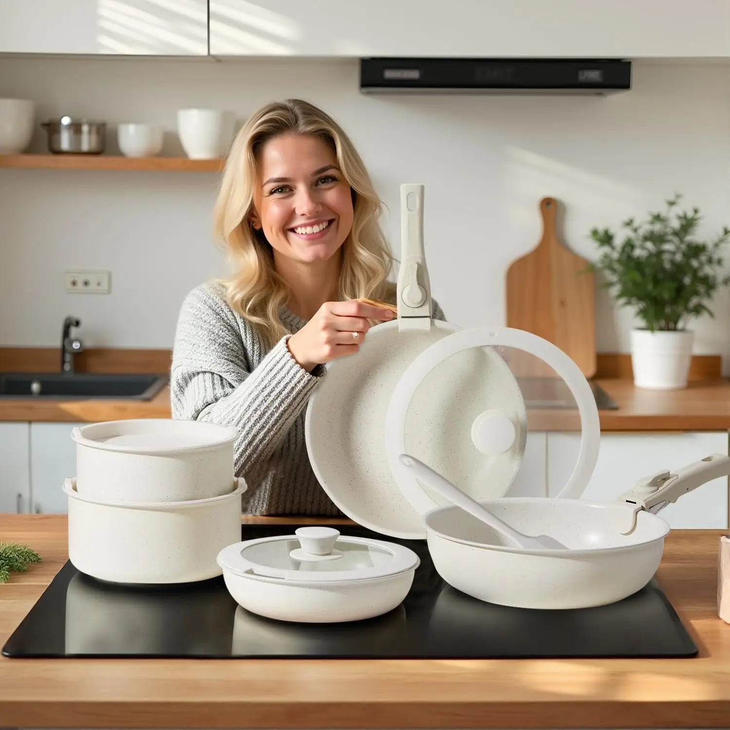 

12 Pcs Ceramic Nonstick Cookware Set, Carote Pots & Pans with Removable Handles, Non-Toxic Cow Print Kitchen Set