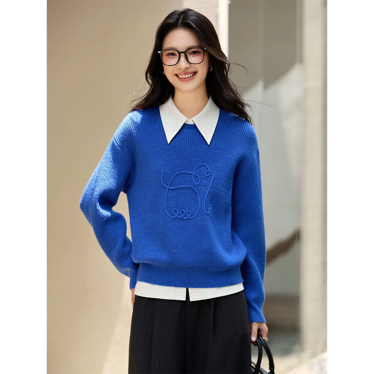 VIMLY Women's Blue 3D Elephant Jacquard Pullover Autumn 2026 New Wool Blend Round Neck Sweater Casual Loose-fit Knitwear 75128