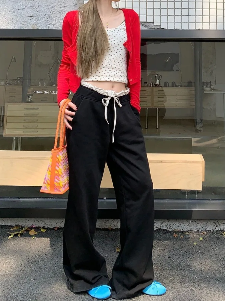 

HOUZHOU Casual Black Y2k Women Pants Baggy Coquette Korean Sweet Preppy Style Patchwork Wide Leg Trousers Vintage Straight Pants