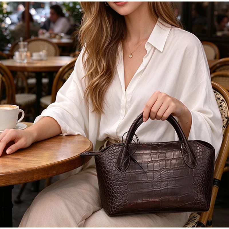 Luxury Women Croc Pattern Top Handle Handbag Elegant Retro Brown Embossed Leather Ladies Office Daily Hand Tote Bag