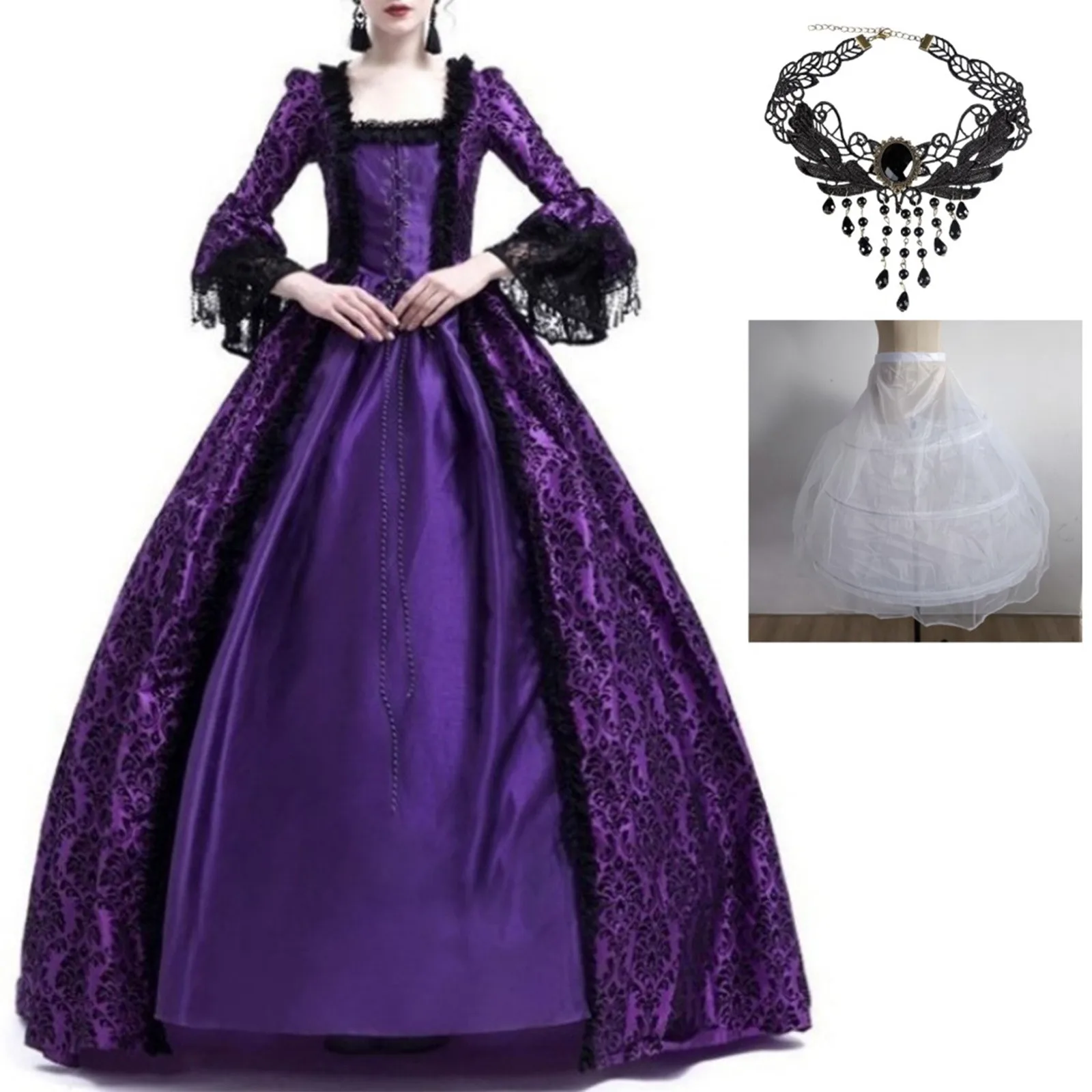 

Women'S Retro Long Dress Snecklace Fashion Long Sleeve Cosplay Gothic Dress With Skirt Support Queen Palace Medieval Costume