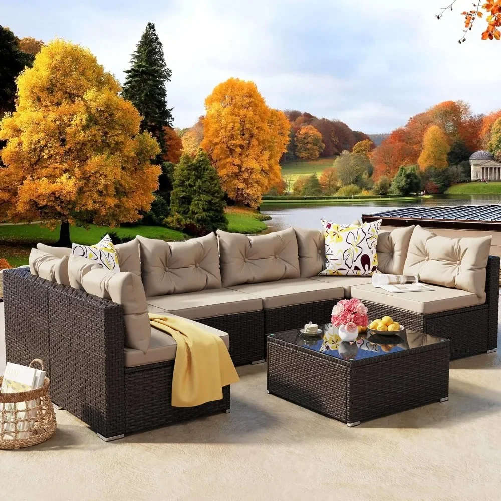 

7 Pieces Patio Furniture Set, All-Weather PE Rattan Conversation Set, Sectional Sofa Wicker Outside Couch with Table (Brown)