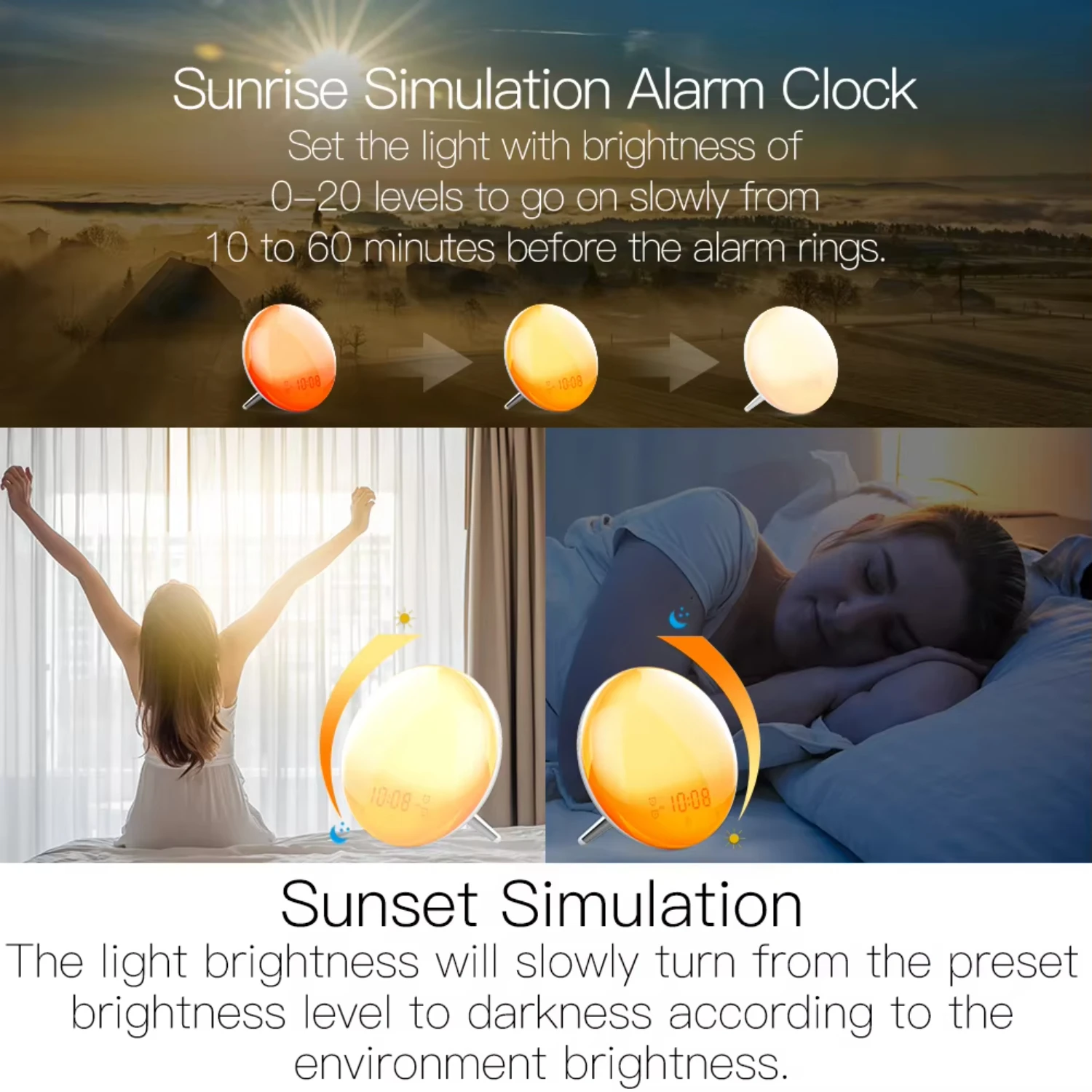 ساعة منبه ذكية لضوء الاستيقاظ من WiFi مع 7 ألوان لتطبيق Sunrise/Sunset Smart Life مع Alexa