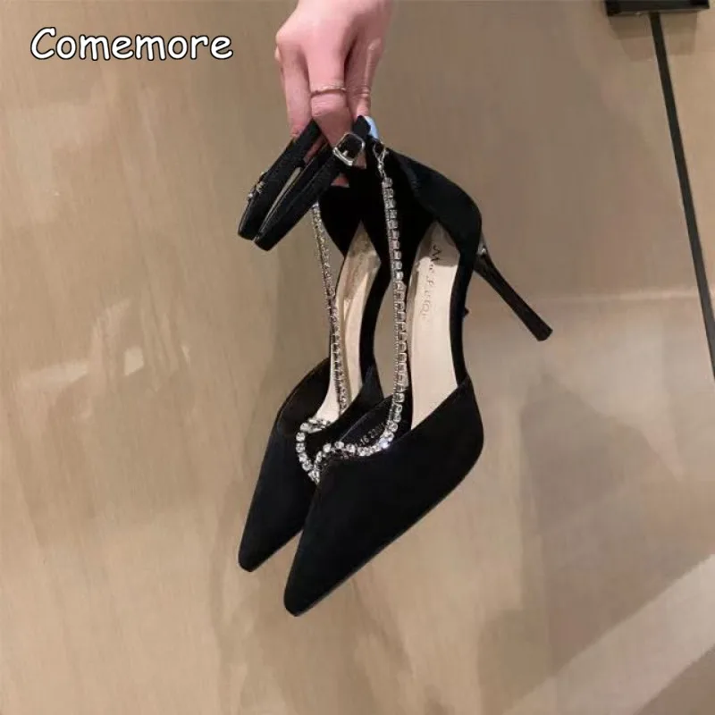 Comemore Women\'s 2023 Thin Heel Hollow Pointed Shoes Sexy Sandals Rhinestone High-heeled Elegant Stilito Black High Heels 7cm 34