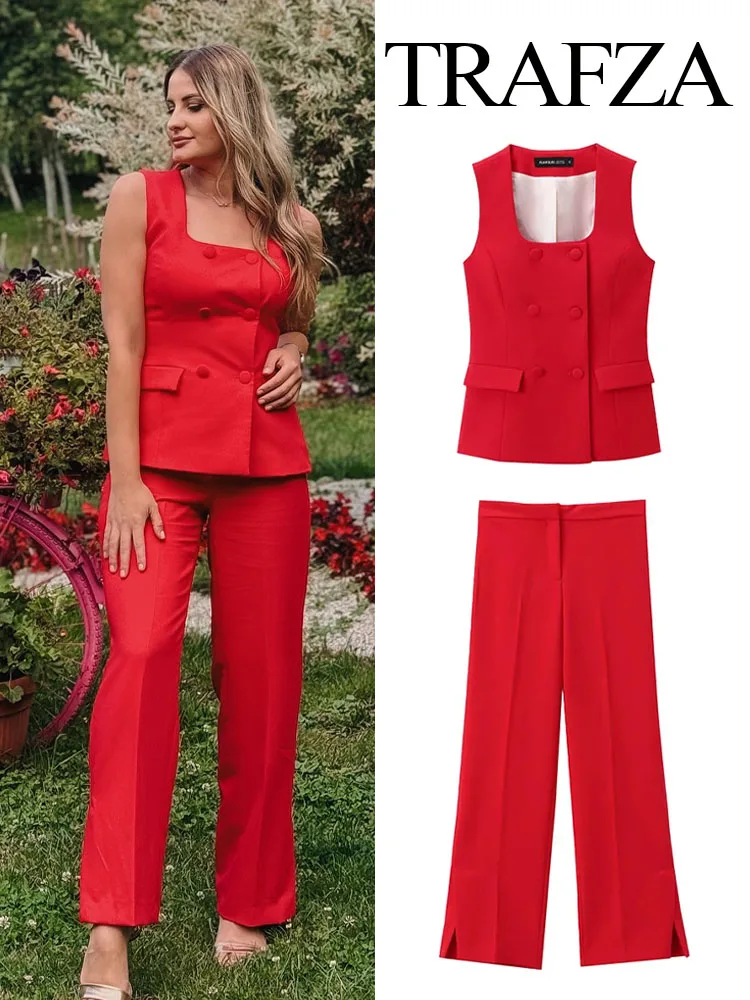 

TRAFZA Women Pants Set Square Neck Sleeveless Double Breasted Waistcoat Top+Casual Solid Mid-Waist Slit Stralght Wide Leg Pants