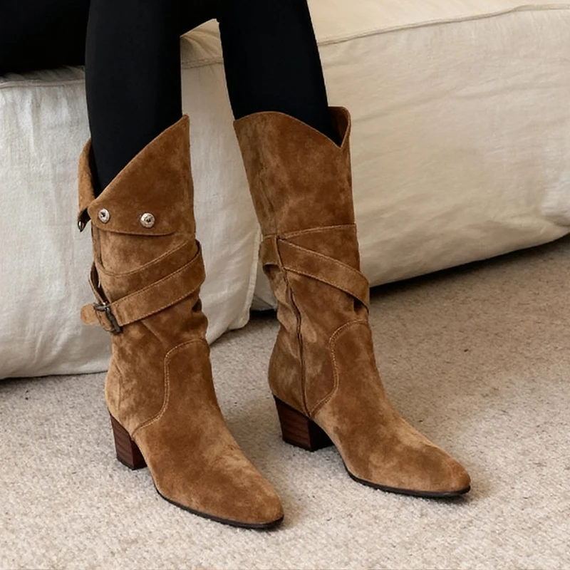 منتصف العجل حذاء نسائي بكعب عالٍ أحذية مكتنزة من جلد الغزال أحذية الشتاء مضخات أنيقة 2025 موضة الأحذية الغربية مشبك Mujer تشيلسي بوتاس #2