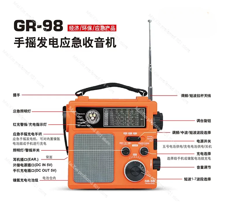 GR-98  GR-99 Full Band Frequency Modulation Short Wave Pointer Type Hand Power Generation Emergency Radio Charging