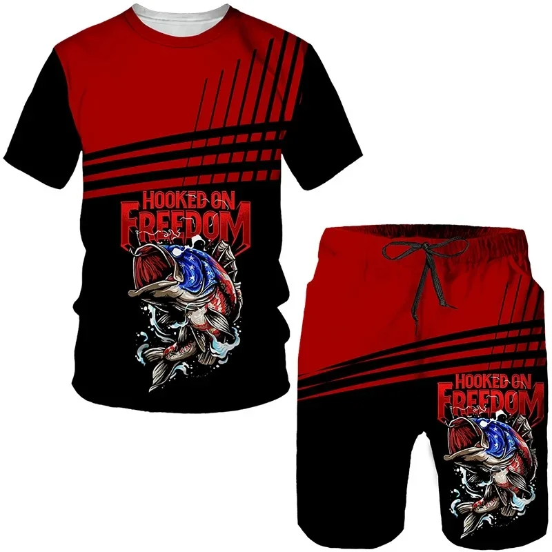 2025 Summer New Suit Round Neck T-shirt Fashion Loose Sports Shirt Outdoor Fishing 2-piece Set Men's Retro 3D Printing