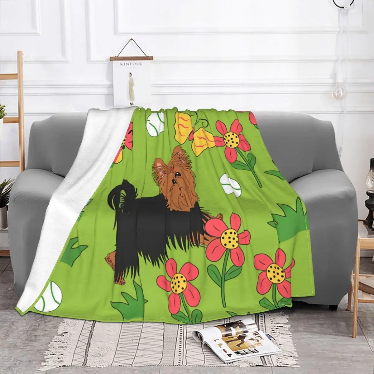 Yorkshire Cartoon Blanket Velvet Autumn/Winter Terrier And Flowers Cute Super Warm Throw Blankets For Car Couch Bedding Throws