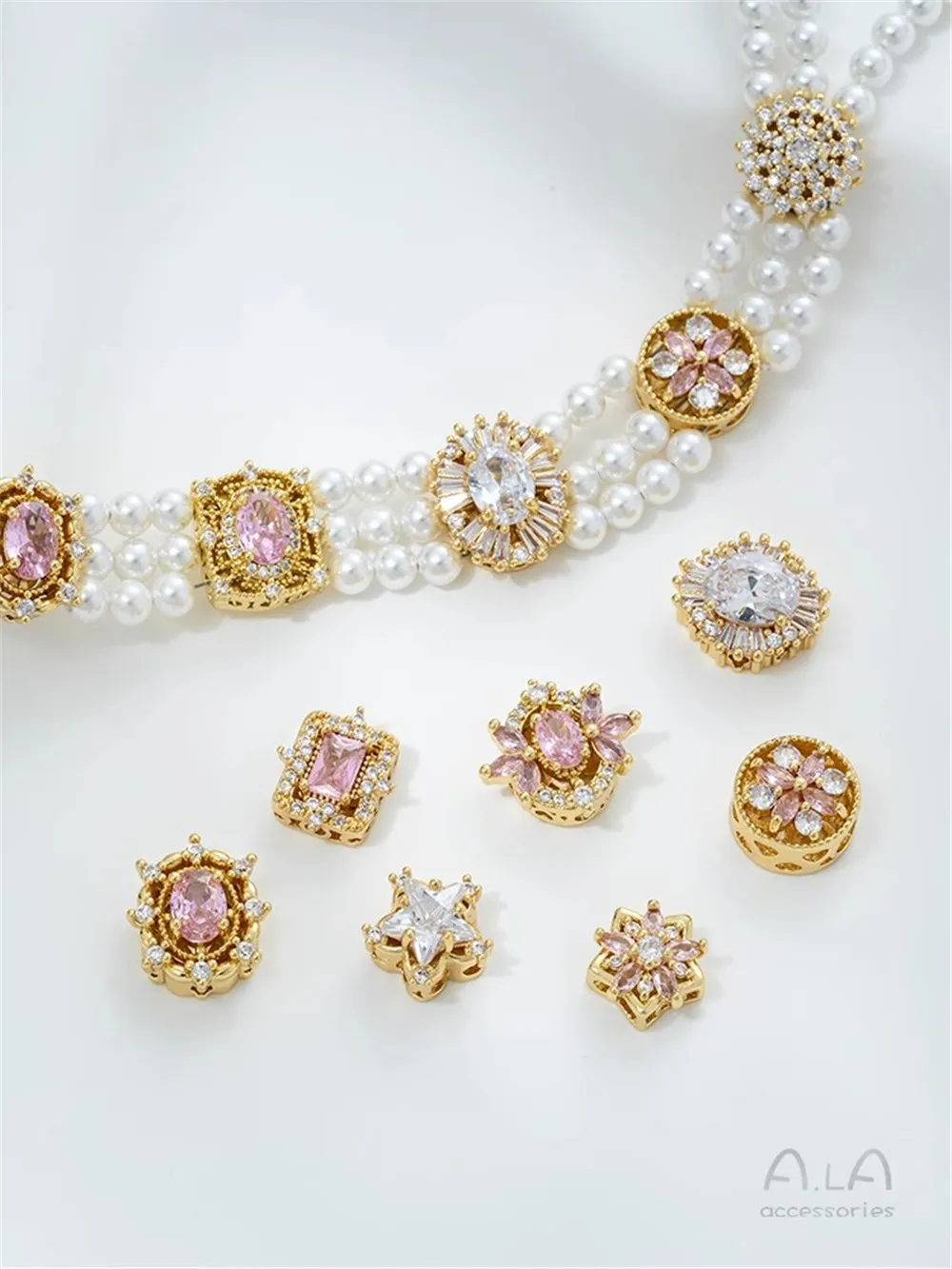 14K Gold-wrapped Geometric Lace Porous Bead Diy Single Row Double Row Multi-row Pearl Jewelry Accessories