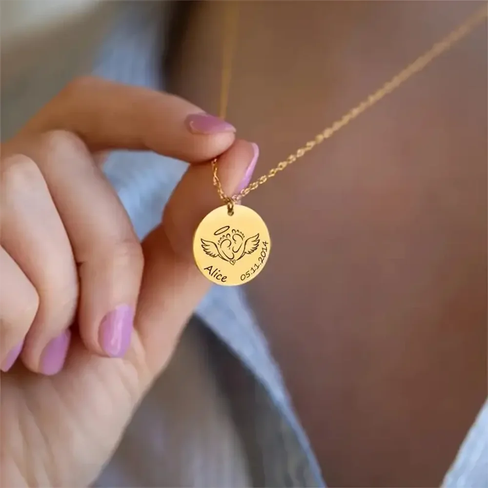 Personalized Memorial Necklace For Women Girls Engraved Name&Date Angel Keepsake Wing &Footprint Elegant Stainless Steel Jewelry