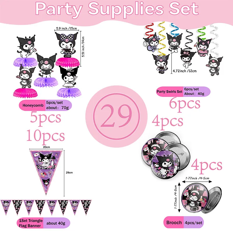

29pcs Kuromi Birthday Party Decoration Children Party Balloons Disposable Tableware Plates Napkins Cup Tablecloth Party Set
