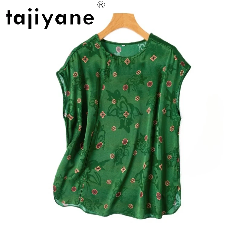 

TAJIYANE 100% Mulberry Silk T Shirts for Woman Summer Green Jacquard T Shirt Round-neck Wide-shoulder Tops Women Clothing 2025