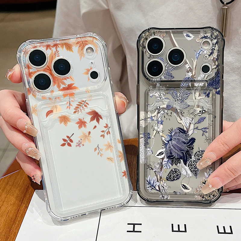 Ahornzweig-Blumenmuster TPU Handyhülle für iPhone 17 16 Pro Max 15 14 13 Pro Max mit Kartenfach, weiche Silikon-Klarhülle