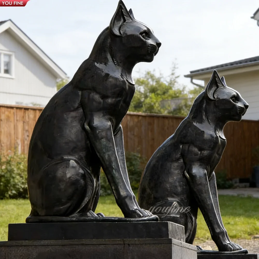 Lifelike Pair Sitting Casting Bronze Cat Statue for for Garden & Yard Decor