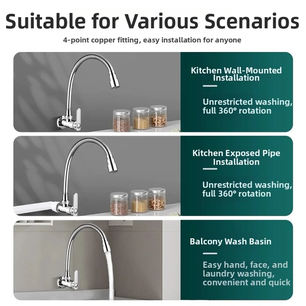Kitchen Wall Faucet Cold Water Tap with Swivel Spout for Balcony or Countertop Use and Anti For splash Feature