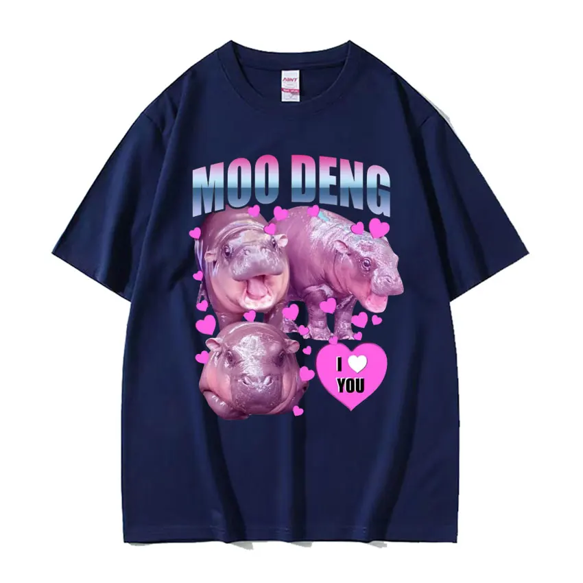 I Love You Moo Deng Hippo The Famous Baby T-shirts Unisex Harajuku Vintage Short Sleeve T-shirt Men Kawaii Casual Cotton T Shirt