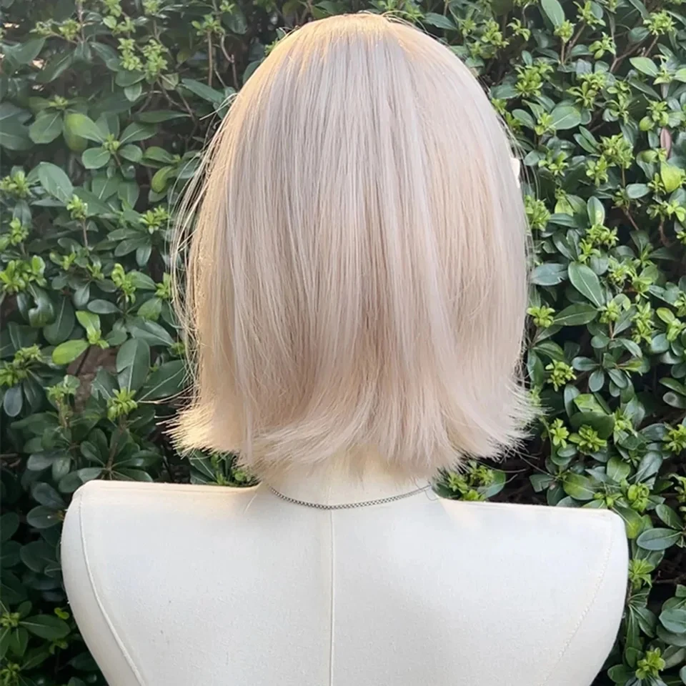 باروكات شعر طبيعية صناعية قصيرة باللون الأسود والأبيض للنساء، باروكة مستقيمة مع غرة، باروكات للحفلات التنكرية اليومية بدرجة حرارة عالية