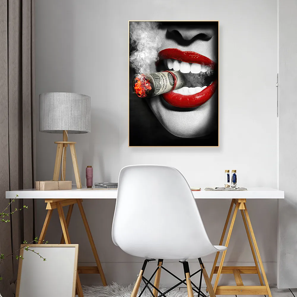 Black and White Smoking Girl Canvas Wall Art Poster and Prints, Modern Money Wall Painting, Bedroom and Living Room Decor