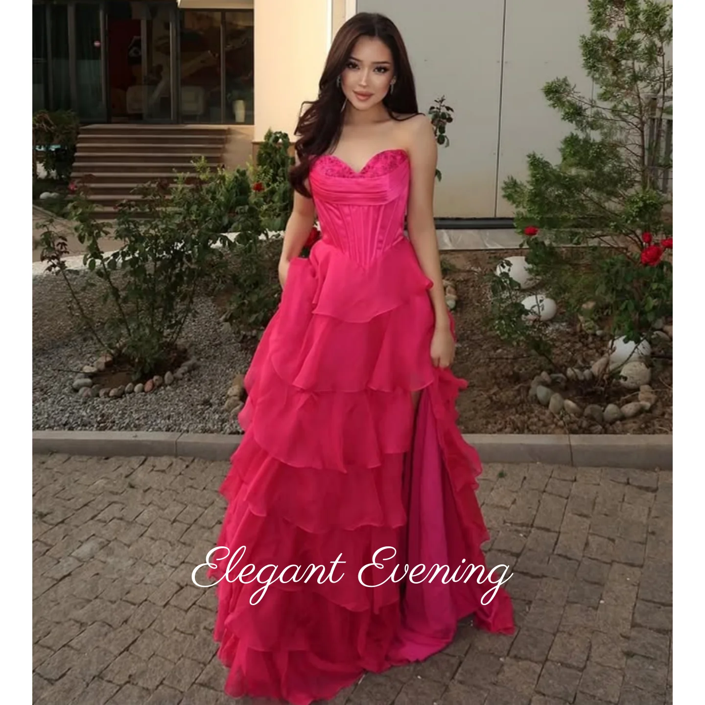 

Современное ярко-розовое изысканное платье для выпускного вечера Вечерние платья Саудовской Аравии Элегантное многоуровневое очаровательное вечернее платье трапециевидной формы с рюшами по индивидуальному заказу