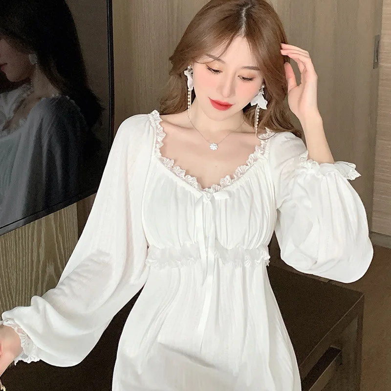 Casual Sweet Long Sleeve Women\'s Home Dress Spring Autumn Sleepwear Lace Slim Ladies Nightdress Knitted V Neck Nightgowns