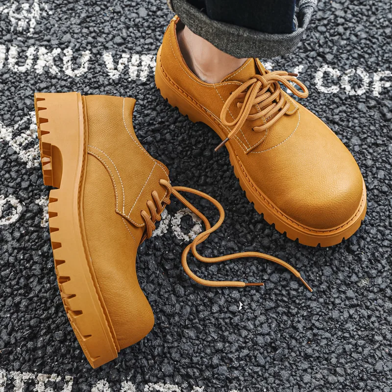 White Round Head Men Loafers Cover Heel Men Casual Shoes Fall Lace-up Flats Thick Bottom Zapatos De Hombre view 3