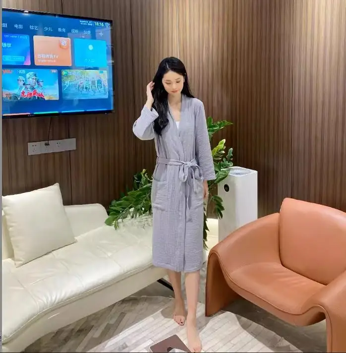 Solid Three Layers Gauze Bathrobe Kimono Women 100% Cotton Bath Robe Nightgown Soft Kids Water Uptake Robe 4 Season Sleepwear