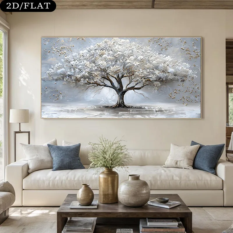 

Extra Large Tree of Life Canvas Wall Art Minimalist White & Golden Tree of Life Painting, Frameless Wall Decor for Living Room