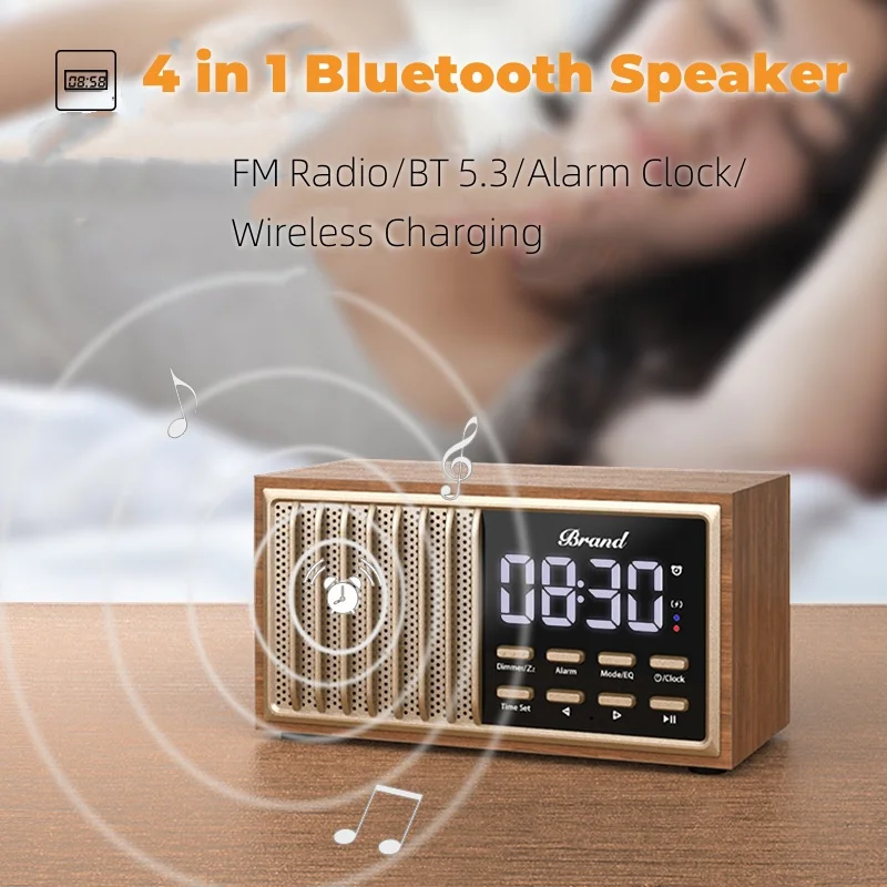 

Audience Desktop 4-in-1 DAB+FM Digital Radio with Alrm Clock Wireless Charging Retro Wooden Bluetooth Speaker Portable Sound Box