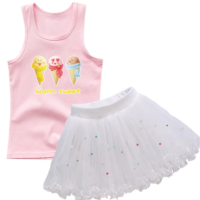 Girls Cute Ice-Cream Clothes Set Kids Sleeveless Vest Tops and TUTU Skirt Outfit Children Party Clothing Suit For 3-14y