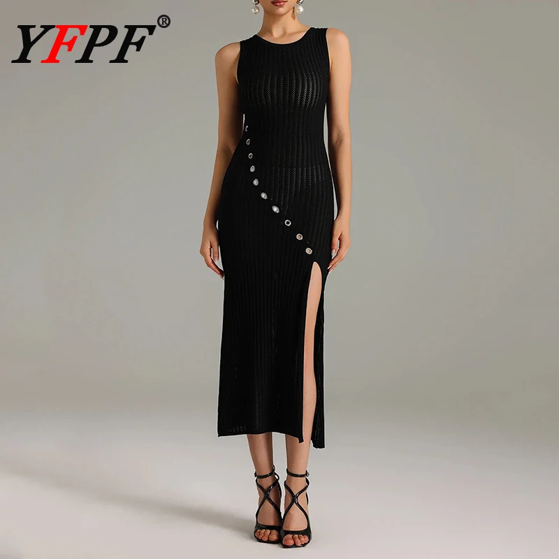 

YFPF черное вязаное длинное платье, женское модное платье без рукавов с пуговицами, тонкие вечерние платья с разрезом и высокой талией, элегантное, новинка 2023 года