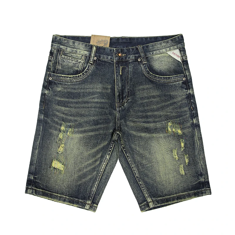 

JXN1009 Scratched denim shorts Men's summer thin fashion straight leg washed stretch Retro versatile casual cropped trousers