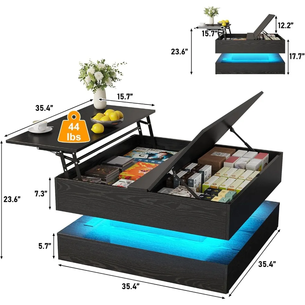 35.4 طاولة قهوة مربعة كبيرة مع سقف رفع، وطاولة مركزية مربعة حديثة مكونة من طابقين مع مساحة تخزين مقصورة مخفية #2