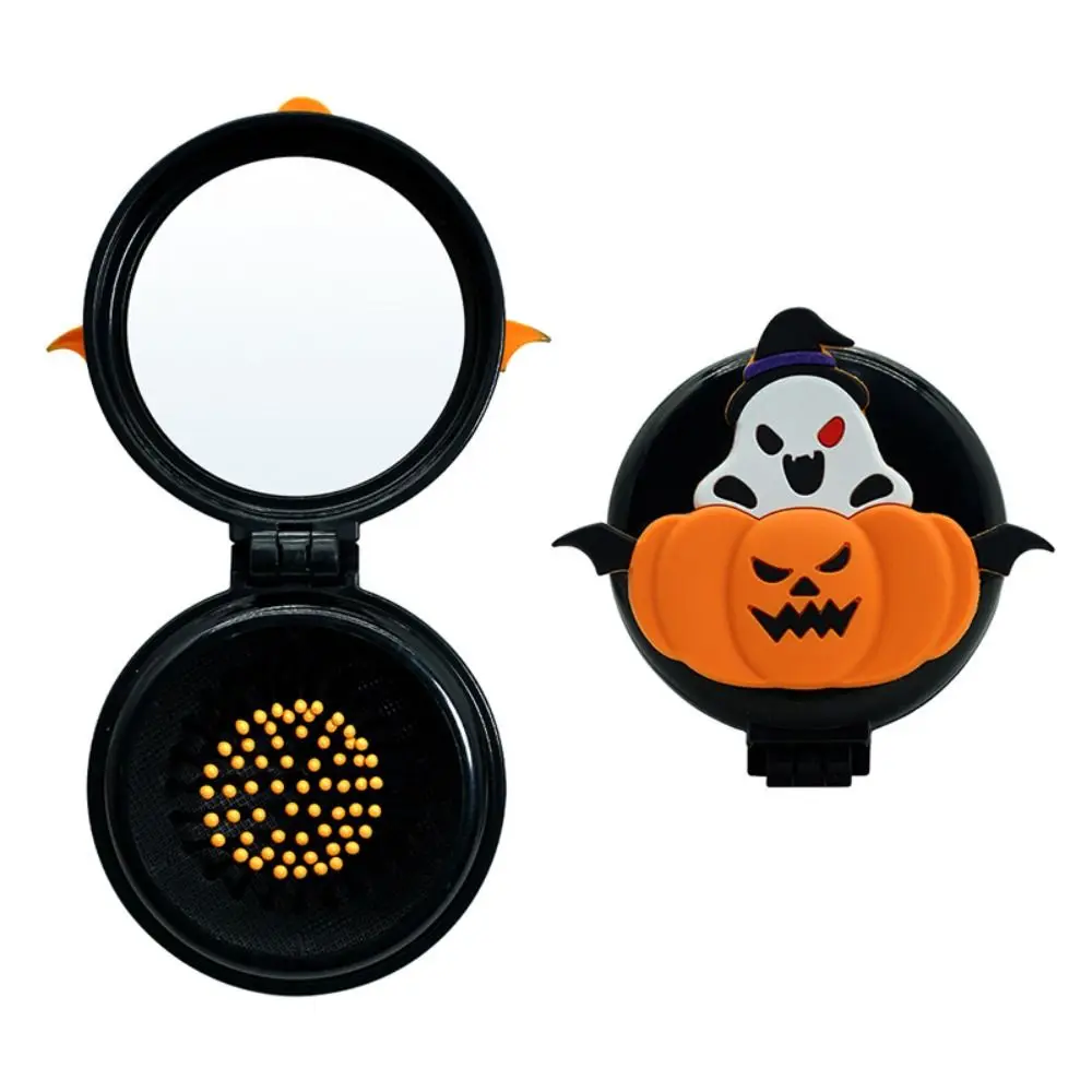 Compact Round Folding Comb with Mirror Anti Static Pumpkin Scalp Handle Comb Fine-Tooth Cartoon Pocket Hair Brush Halloween