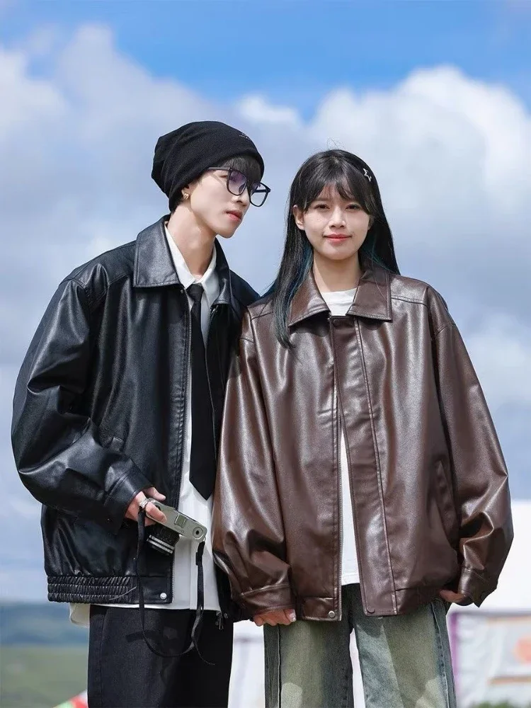 

Men's Women's Spring Autumn Badass Americana Retro PU Leather Jacket Biker Style Streetwear Loose Fit​