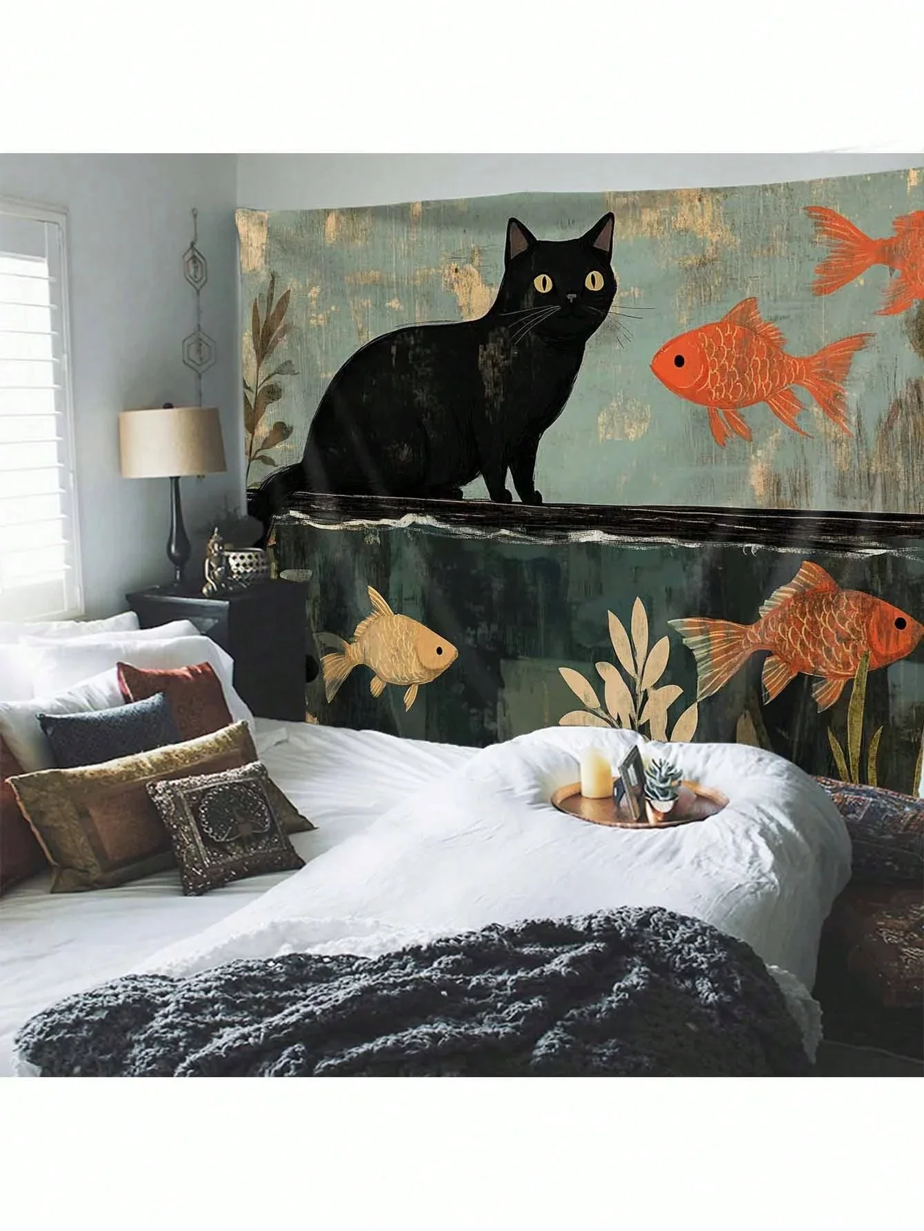 Black Cat Tapestry Polyester Goldfish Accent Retro Themed Artwork Wall Decor For Living Space Playful Attractive