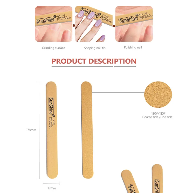 SunShine 25pcs Professional ไม้เล็บแฟ้ม Emery BOARD หนา 120/180 กรวดสําหรับ UV GEL เล็บ Sanding Care เครื่องมือ