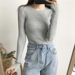 Fashion Women Sweater Autumn Ribbed Knitted V-Neck Long Sleeve Solid Color Sexy Slim Tops