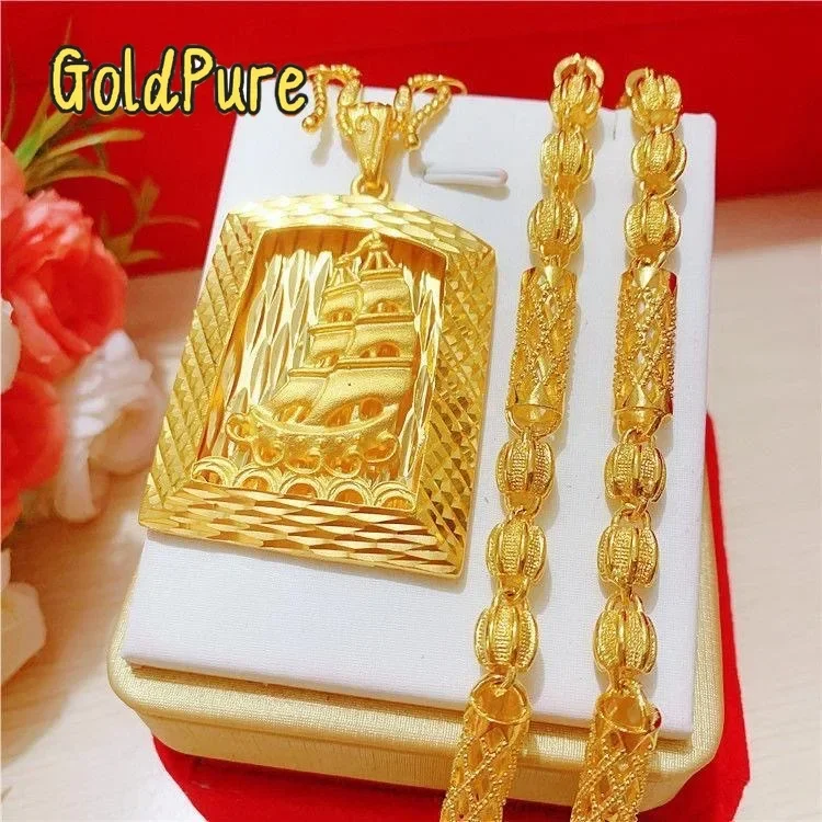 

Золотая цепочка Goldpure 9999 24K из настоящего золота с подвеской «Гладкий ход» в виде цветка и бамбука, ажурная, для мужчин, золотая цепочка